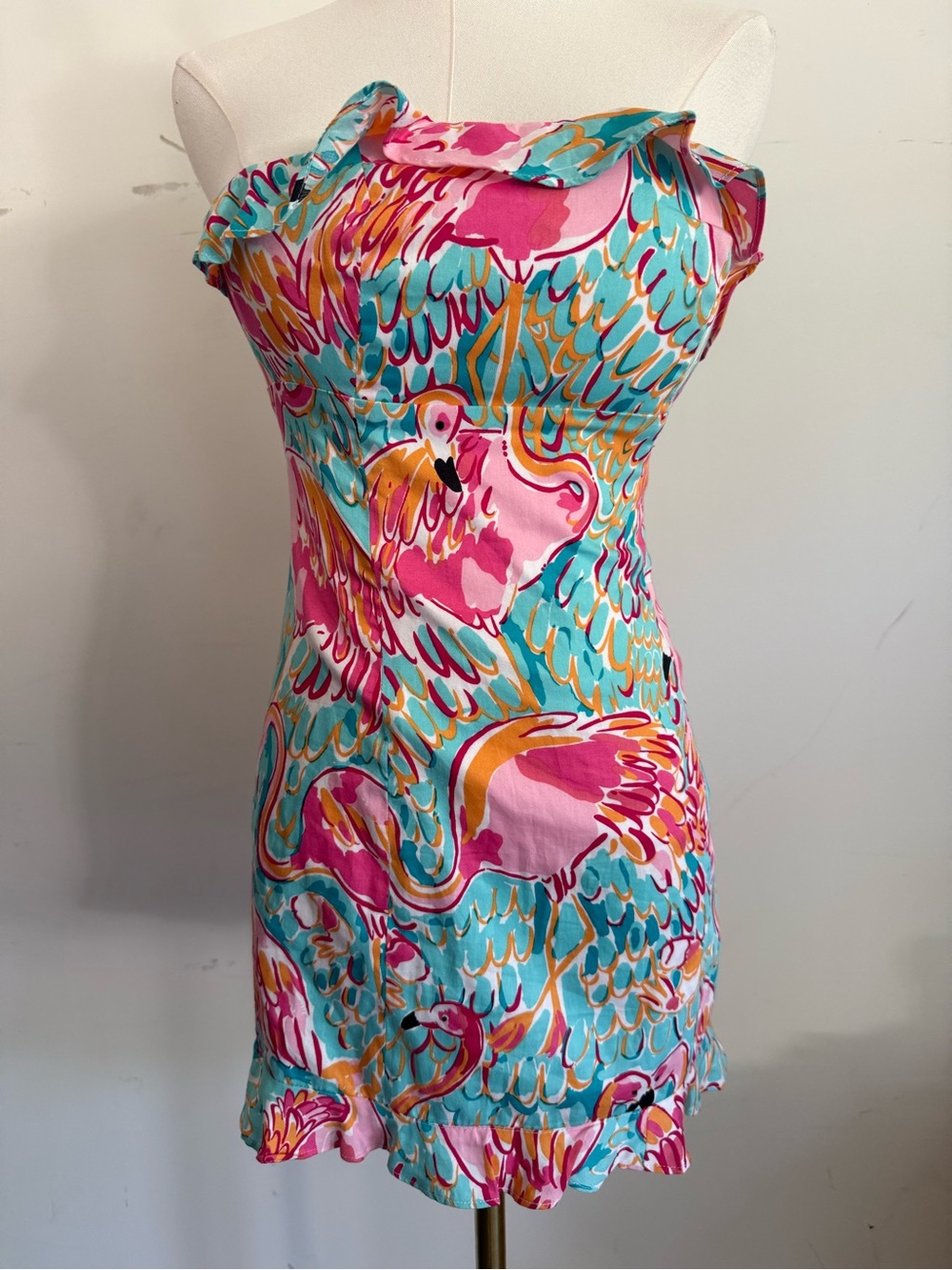 Lilly Pulitzer sz 00 Flamingo Print Ruffled Sundress in Pink & Turquoise